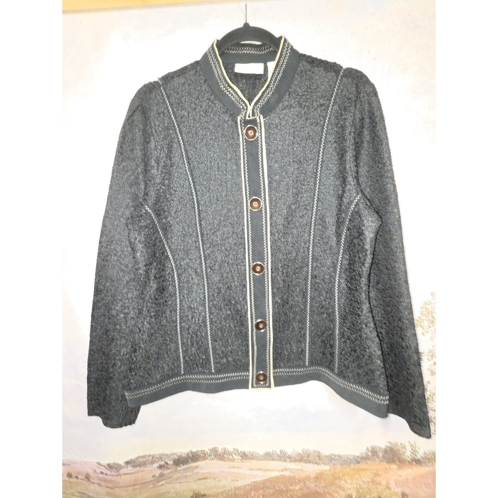 Chico's Black  Crinkled Mandarin Collar Jacket Piped Trim Button Down Sz 1, 8-10
